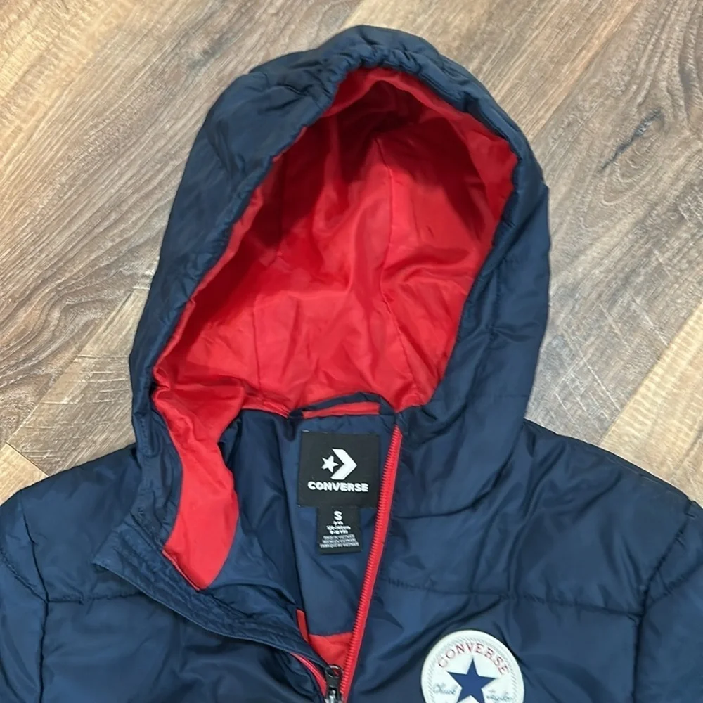 Converse All Star Boys Quilted Jacket S 8-10yrs Blue Hood Zipper Chuck Taylor